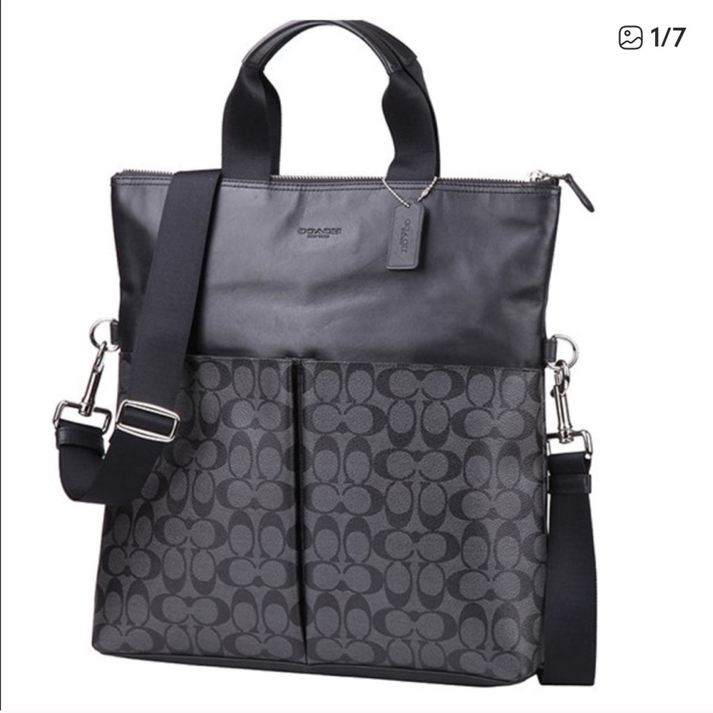 Mens Coach Charles Foldover Tote Black Leather Messenger Tote New